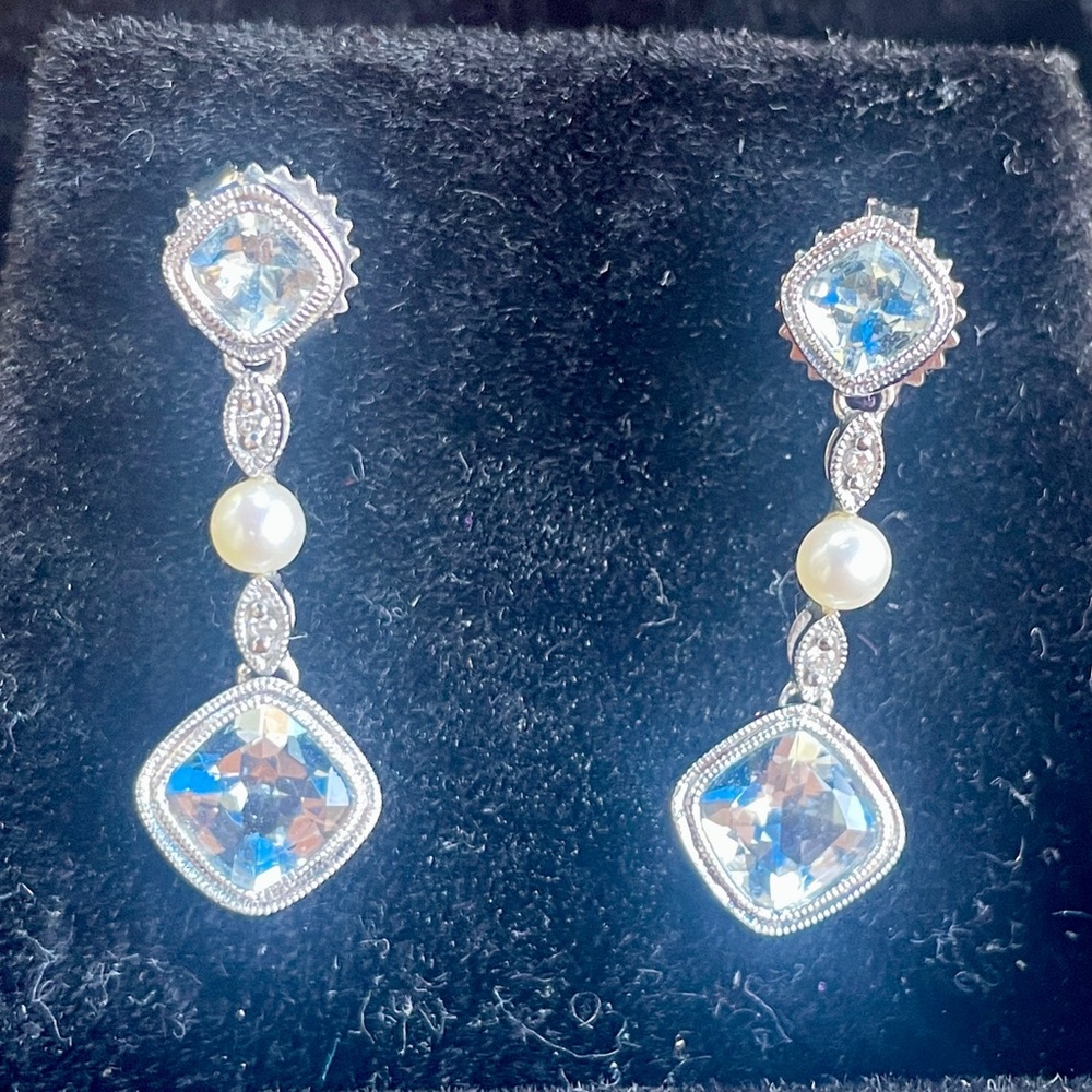 14K Pearl, Aquamarine & Diamond Drop
Earrings. Appraised